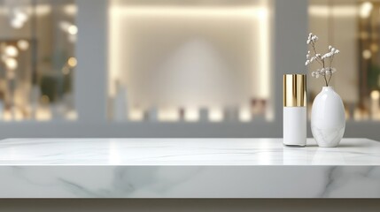 Poster - Elegant Marble Surface Display - Clean white marble surface with gold and white vases, perfect for product display or showcasing luxury items.