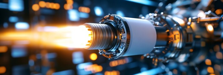 Poster - Futuristic Engine Ignition Sequence - Close-up of a futuristic engine igniting, showcasing powerful energy and technological advancement.  Blazing orange and blue hues.