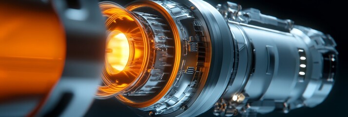 Poster - Futuristic Jet Engine Technology - Close-up of a futuristic jet engine, showcasing intricate details and glowing orange core.  High-tech design, ideal for industrial or science fiction contexts.