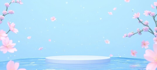 Poster - A 3D rendering of a white display podium with water reflection and flower blossoms set against a blue backdrop