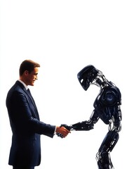 Poster - humanoid and businessman handshake - a businessman shakes hands with a sophisticated humanoid robot,
