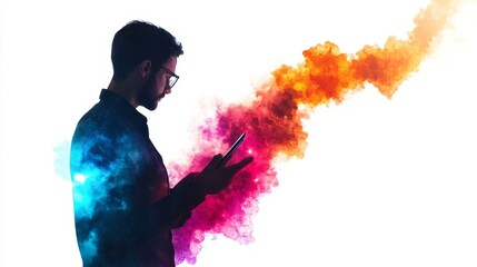 Poster - man using mobile device with colorful abstract background - silhouette of a man using a mobile phone