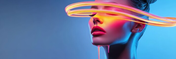 Poster - Neon Dripping Face Close Up - A vibrant close-up of a face adorned with neon paint, symbolizing energy, futurism, artistry, transformation, and beauty.