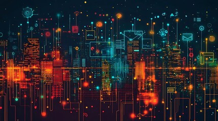 Poster - futuristic cityscape with vibrant digital network connections.