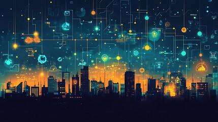 Poster - Smart city skyline at night with digital network overlay.