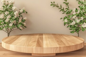 Poster - Geometric podium platform used for product presentation paired with a spring flowering tree branch adorned in white flowers against a pastel beige backdrop, front view