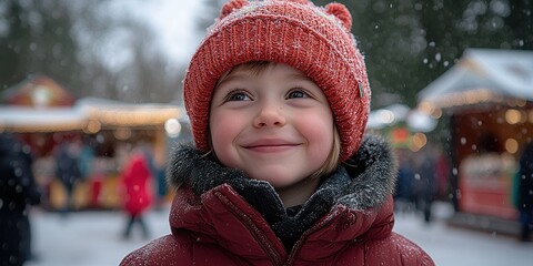 Smiling child in winter hat enjoying a snowy holiday market filled with festive decorations and lights