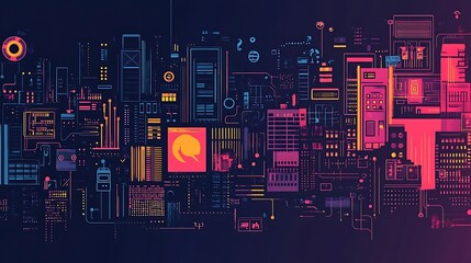 Poster - abstract futuristic cityscape illustration with neon lights and digital elements.