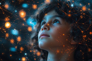 A young boy fully absorbed in digital technology, navigating the global network