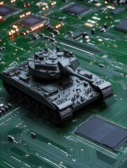 Poster - Tank Circuit Board Warfare - A miniature tank rests on a circuit board, symbolizing technological warfare, modern military, digital combat, technological advancement, and future conflict.