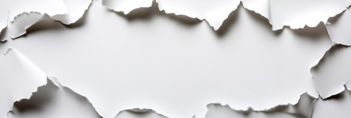 Poster - Torn White Paper Background - A panoramic image of ripped white paper with a central blank space, ideal for text or design elements.  Clean, minimalist aesthetic.