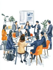 Poster - Team Meeting Collaboration - A watercolor painting of a diverse group of professionals collaborating around a table in a bright office setting.