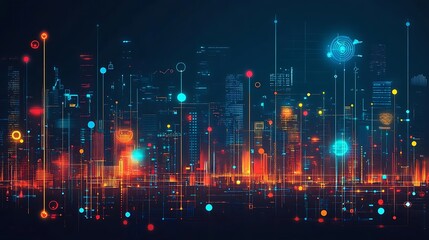 Poster - futuristic cityscape with digital network connections and glowing nodes.