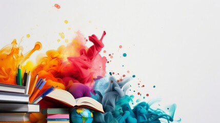 Poster - Vibrant Education: A Colorful Learning Journey - Books, pencils, and vibrant ink swirls symbolize knowledge, creativity, learning, growth, and exploration in education.