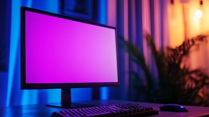 Poster - Vibrant Purple Screen Computer Setup - Modern computer setup with a purple screen, keyboard, and mouse, illuminated by colorful ambient lighting.