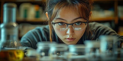 Poster - Young scientist focused on her research in a laboratory filled with various glass containers and tools during daylight hours