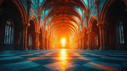 Poster - Sunlit Cathedral Hallway With Columns And Stained Glass