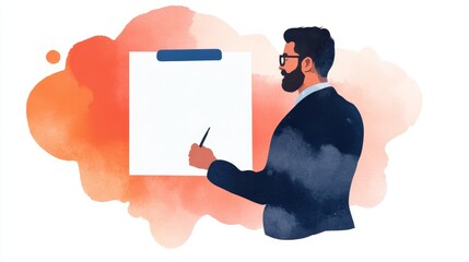 Poster - Watercolor Businessman Presentation Graphic - A watercolor illustration depicting a businessman presenting, symbolizing ideas, communication, strategy, planning, and growth.