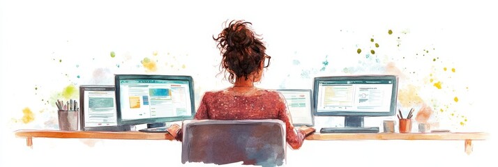 Poster - Watercolor Graphic Illustration of a Focused Woman Working - A focused woman works efficiently at her desk, surrounded by technology and a calm atmosphere, symbolizing productivity, concentration, dig