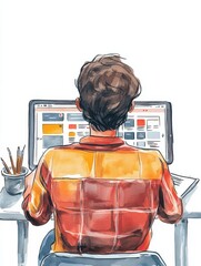 Poster - Watercolor Graphic Illustration UX Designer at Work - A watercolor illustration of a UX designer working on a laptop, symbolizing creativity, design, technology, problem-solving, and user experience.