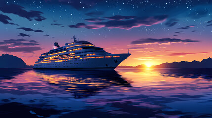 Wall Mural - A stunning cruise ship illuminated against a serene twilight backdrop, reflecting on calm ocean waters, embodying luxury travel at sunset. Midnight Harbor. Illustration