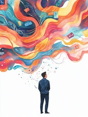 Poster - Watercolor Graphic Illustration of Cybersecurity Network - Abstract watercolor painting depicting a person contemplating a vibrant, complex cybersecurity network. Symbolizes data flow, protection, inn