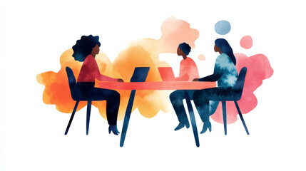 Poster - Women Collaborating on Project - Three women sit at a table, working together on laptops.  A colorful watercolor background adds vibrancy.