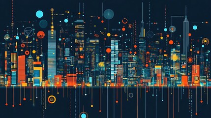 Poster - Futuristic cityscape with vibrant buildings and digital network connections.