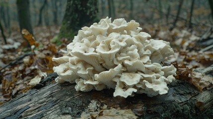 Wall Mural - White mushroom cluster on fallen log in autumn forest.