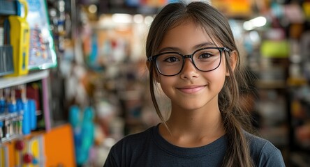 Young girl with glasses smiles warmly in a colorful store filled with various items