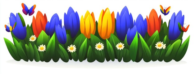 a wide horizontal banner adorned with colorful flowers. includes a seamless floral design. backgroun
