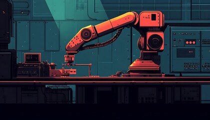Poster - Robotic arm in futuristic factory setting performing automated task on a production line.