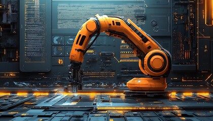 Poster - Orange robotic arm working on a futuristic technological surface.