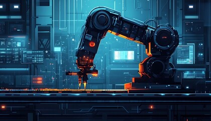 Poster - Futuristic robotic arm in a high-tech factory setting.