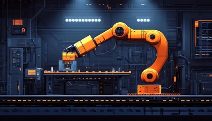Poster - Orange robotic arm in a futuristic factory setting, manipulating an object on a platform.