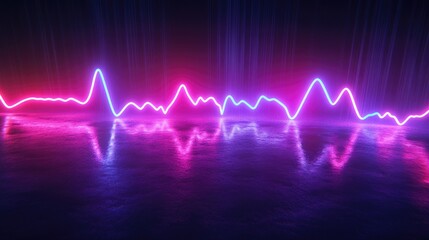 Fototapete - Vibrant neon waveform abstract background with reflective floor and falling lines