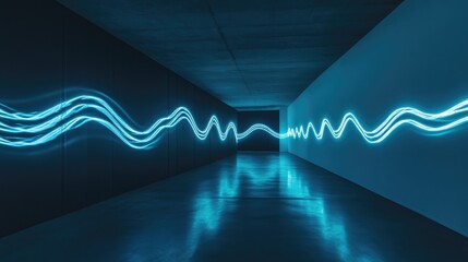 Poster - Abstract blue neon waves in a dark hallway with reflective flooring in a futuristic setting