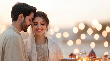 couple dressed in traditional persian attire standing beside glowing haft-seen table with symbolic items