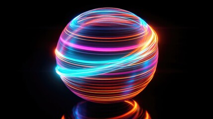 Fototapete - Abstract glowing sphere with colorful light trails on a dark background with reflection