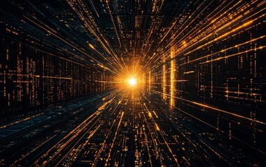 Poster - Abstract digital tunnel with glowing lines and bright light at the end.