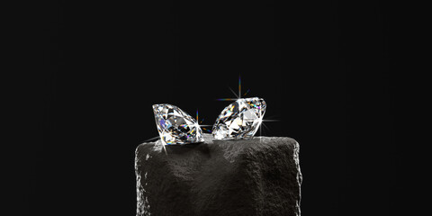 Poster - Round diamonds placed on stone with caustic flare black background 3d rendering