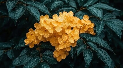 Wall Mural - Yellow flowers with raindrops on dark green leaves.