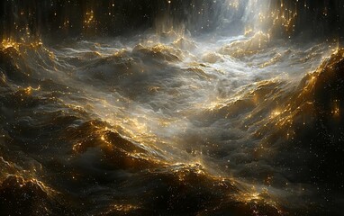 Poster - Golden cosmic landscape with glowing nebula and celestial mountains.