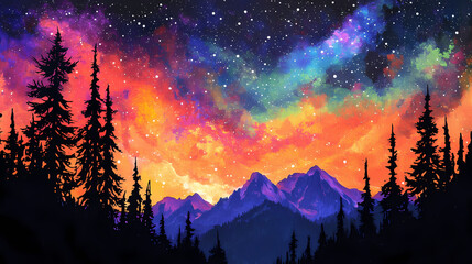 Wall Mural - a vibrant, colorful night sky with a starry galaxy above a silhouetted mountain range and forest. ob