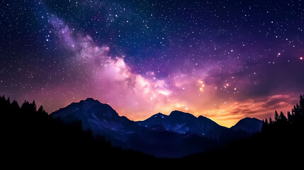Wall Mural - a vibrant, colorful night sky with a starry galaxy above a silhouetted mountain range and forest. ob