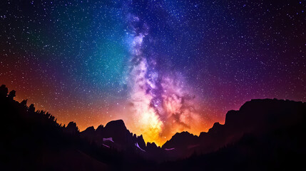 Wall Mural - a vibrant, colorful night sky with a starry galaxy above a silhouetted mountain range and forest. ob