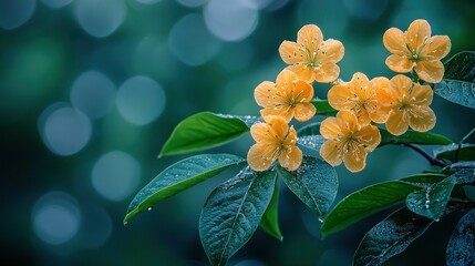 Wall Mural - Yellow flowers with dew, bokeh background, spring bloom, nature beauty.