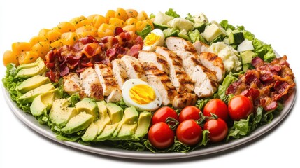 Wall Mural - A platter of colorful Cobb salad with rows of crisp lettuce, grilled chicken breast, bacon bits