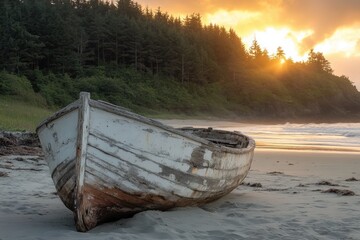 Poster - Old weathered wooden boat rests on a sandy beach at sunset, with a forest backdrop.