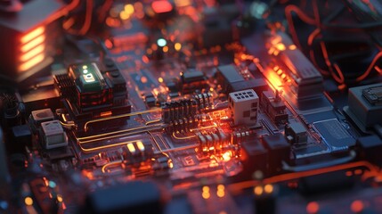 Poster - Detailed close-up view of an illuminated circuit board with intricate components and vibrant orange glow